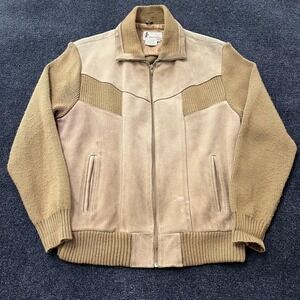 Vintage Bronzini Leather Knit Jacket Mens Large Tan Suede Zip Bomber 80s 90s